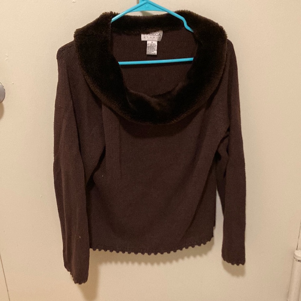 Tribeca Studio Cowl Neck with Faux Fur in Brown Size M